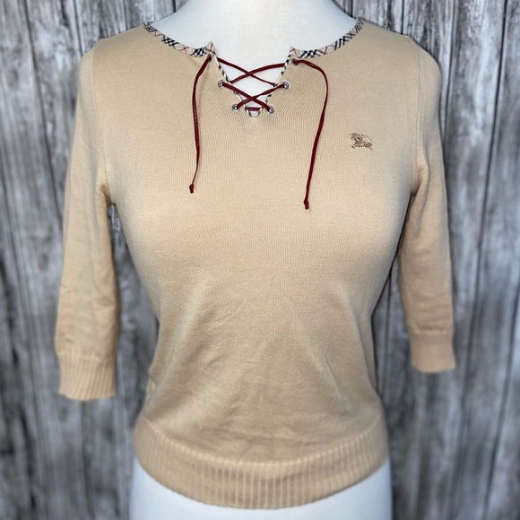 BURBERRY Blue Label Nova Check Trim Lace Up Knitted Sweater Sz Asian M (US XS/S) - Picture 5 of 12